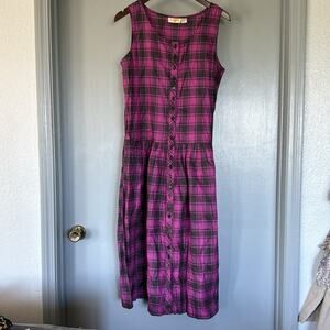Victoria Harbor Purple Black Plaid Sleeveless Button Front Maxi Dress Pockets M